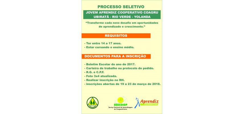 Aberta as inscrições para o processo seletivo Jovem Aprendiz Cooperativo da Coagru